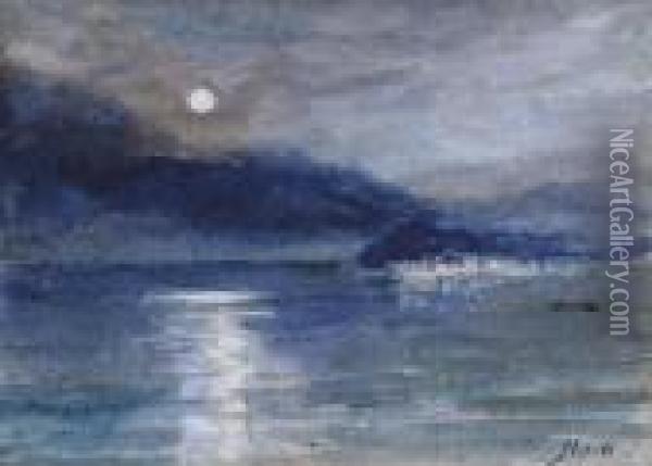 Moonlight Over Lake Como, Bellagio In The Distance Oil Painting - John MacWhirter