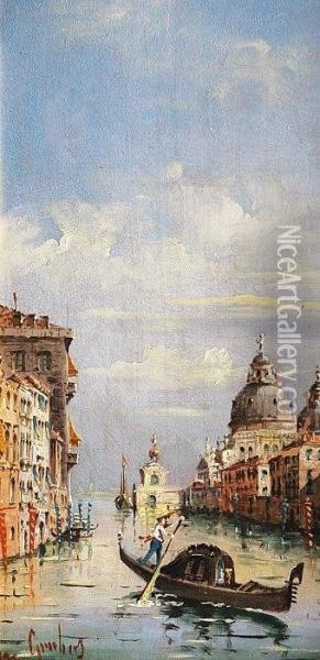 Venice: Gongolas In Front Of Santa Maria And Dogana Oil Painting - Giovanni Grubacs