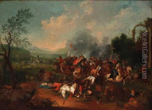 A Cavalry Skirmish Near A Castle Oil Painting - Georg Phillip Rugendas II