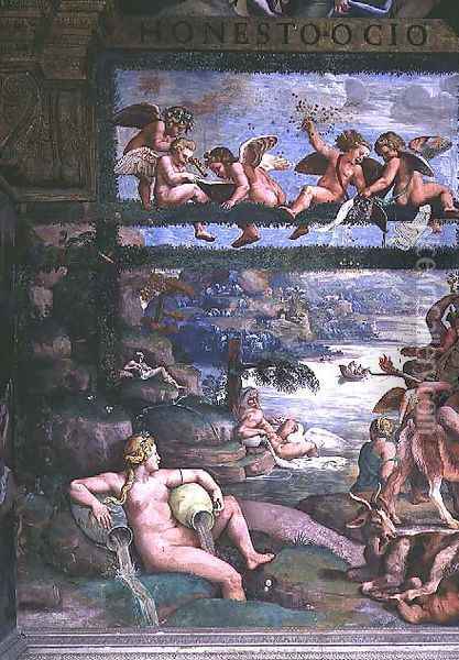 The Rustic Banquet celebrating the marriage of Cupid and Psyche, detail depicting river gods and goddesses, east wall, from the Sala di Amore e Psiche, 1528 Oil Painting - Giulio Romano (Orbetto)