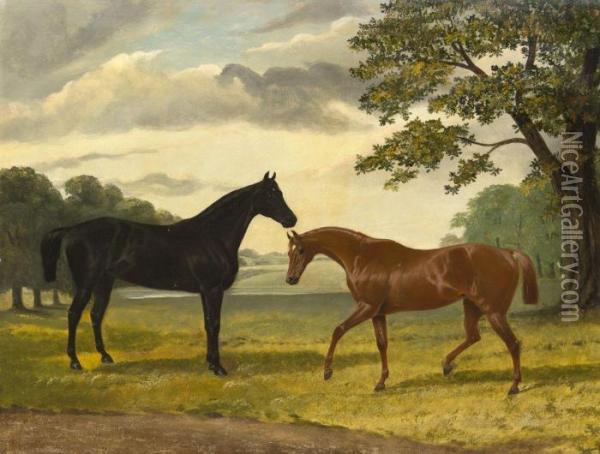 Two Horses In A Landscape Oil Painting - John Frederick Herring Snr