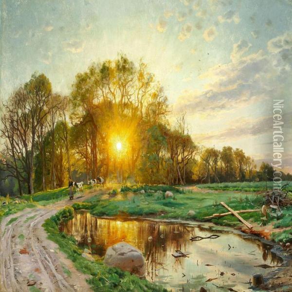 The Sun Sets Behind The Trees, Summer Oil Painting - Peder Mork Monsted