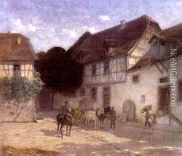 A Village Courtyard Scene With Horse And Wagon Oil Painting - Heinrich Reinhard Kroeh