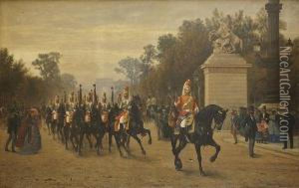 Le Peloton Des Etendards Des Cents-gardes Revenant De La Revue Sur Les Champs-elysees Oil Painting - Albert Girard