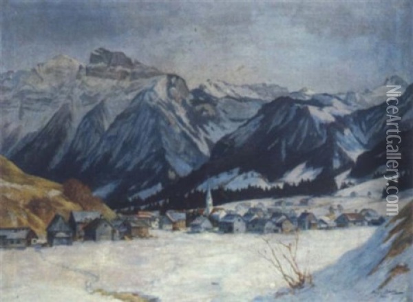 Dorf Im Winter Oil Painting - Hans Bertle