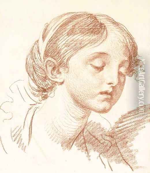 Head of a girl looking down, in three-quarter profile to the right Oil Painting - Jean Baptiste Greuze