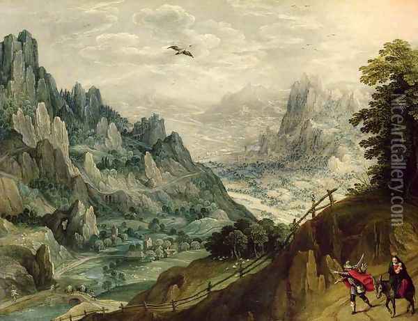 The Flight into Egypt, c.1598-1623 Oil Painting - Tobias van Haecht (see Verhaecht)