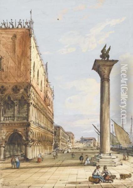 View Of The Riva Degli Schiavoni
 From The Piazzetta, Venice, Thedoges' Palace To The Left Oil Painting - Carlo Grubacs