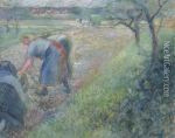 Travailleurs Des Champs, Pontoise Oil Painting - Camille Pissarro