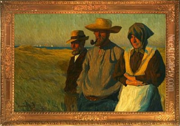 Two Fishermen And A Woman On Skagen Beach In The Late Afternoon Sun Oil Painting - Heinrich Hellhoff