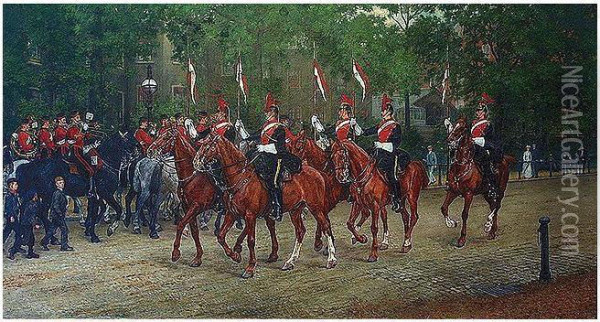 Carry Lance, Eyes Right, A Mounted Section Of The 12th Lancers Saluting The Band Of The 2nd Lifeguards Oil Painting - James Prinsep Barnes Beadle