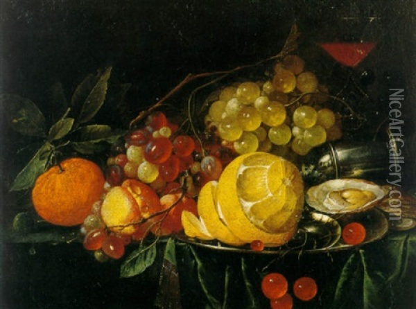 Still Life Of Grapes, An Orange, A Peeled Lemon, Cherries, Oysters, A Spice Castor And A Glass Of Wine On A Stone Ledge Oil Painting - Cornelis De Heem