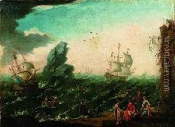 Burrasca Di Mare Con Velieri Inglesi E Olandesi Oil Painting - Bonaventura Ii Peeters