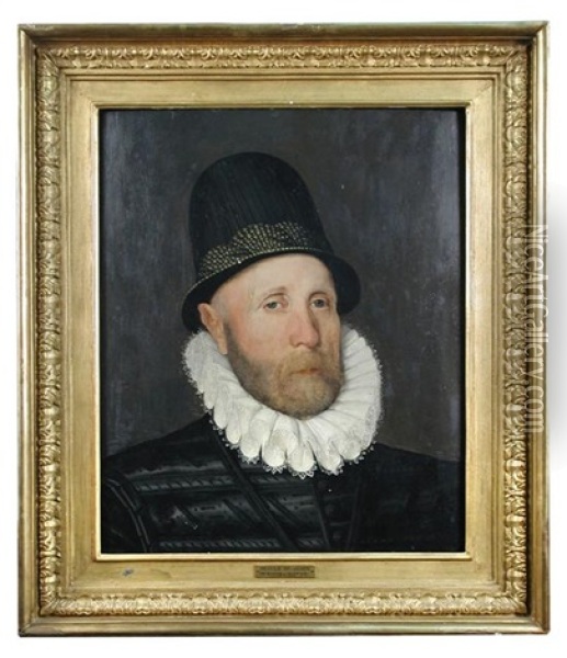 Portrait Of Oliver St. John, 1st Baron St. John Of Bletso, Wearing A Conical Hat And White Ruff Oil Painting - Arnold von Brounkhorst