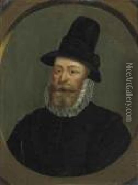 Portrait Of A Gentleman, Bust-length, In A Black Hat And Coat Witha White Ruff, In A Feigned Oval Oil Painting - Cornelius Jonson