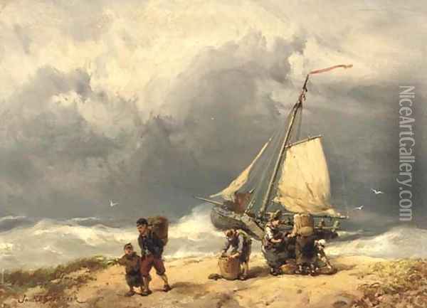 Fisherfolk on a windswept beach Oil Painting - Johannes Hermanus Koekkoek