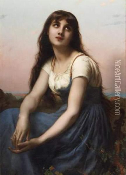 Young Beauty With Lute In Front Of An Italian Landscape Oil Painting - Etienne Adolphe Piot
