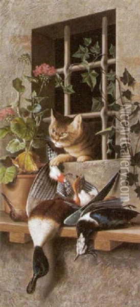 Katze Hinterm Fenster Stibitzt Erlegte Vogel Oil Painting - Michelangelo Meucci