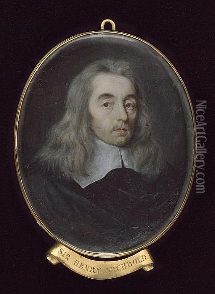 Sir Henry Archbold, Of Abbott's Bromley, Staffordshire, Wearing Black Cloak With Wide, White Collar, His Grey Hair Worn To His Shoulders Oil Painting - John Hoskins