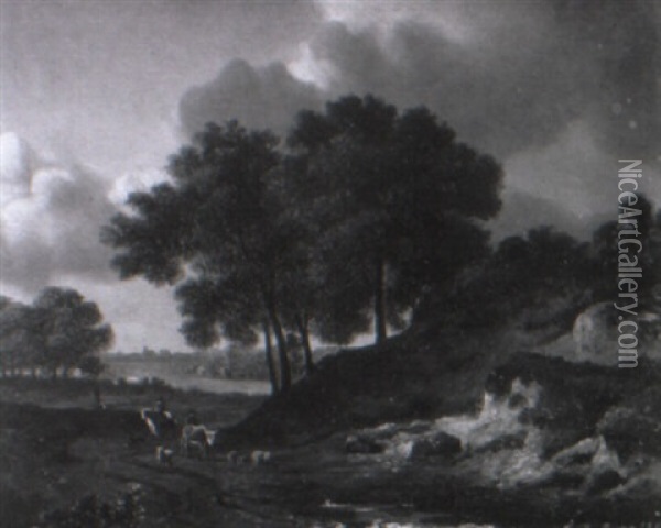 Waldweg Mit Einem Reiter Und Einem Bauern Mit Vieh Vorn In Der Mulde Oil Painting - Johann Rudolf Rapp