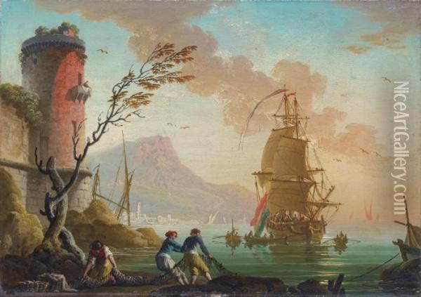 Scene De Peche Dans Une Rade Oil Painting - Charles Francois Lacroix de Marseille