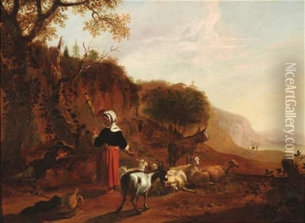 Italienische Landschaft Mit Rastendem Hirtenpaar, Schafen, Ziegen Und Eseln Oil Painting - Hendrick Mommers