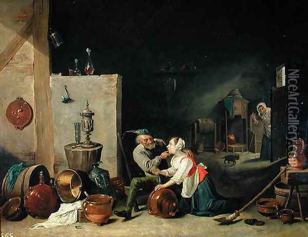 The Old Man and the Servant, 1800 Oil Painting - David The Younger Teniers