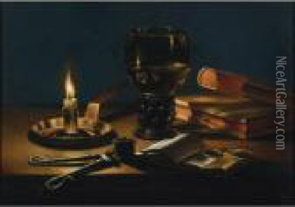 Still Life Of Books And Candle Oil Painting - Pieter Claesz.