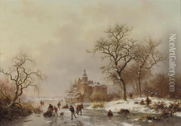 An Afternoon On The Ice Near A Castle Oil Painting - Frederik Marianus Kruseman