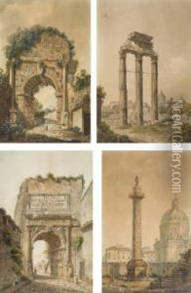 Quatre Vues De Rome: La Colonne 
Trajane; Le Temple De Jupiter; L'arc De Titus; Et L'arc De Trajan Oil Painting - Abraham Louis R. Ducros