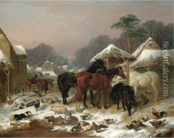 The Farmyard In Winter Oil Painting - John Frederick Herring Snr