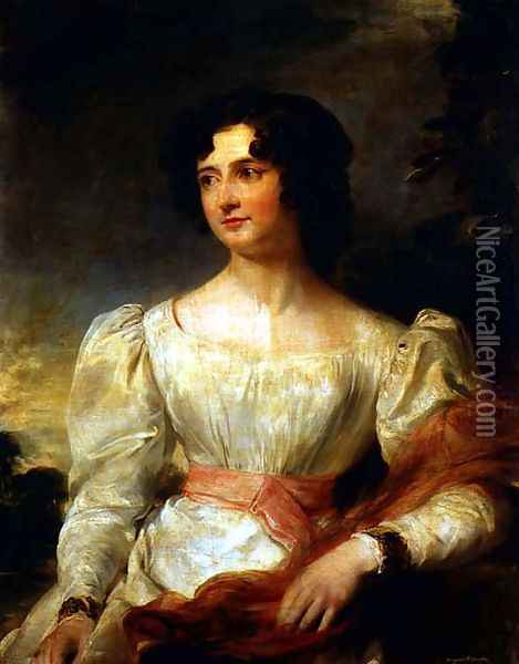 Portrait of Miss Belinda Way wearing a white dress and a pink sash Oil Painting - Margaret Sarah Carpenter