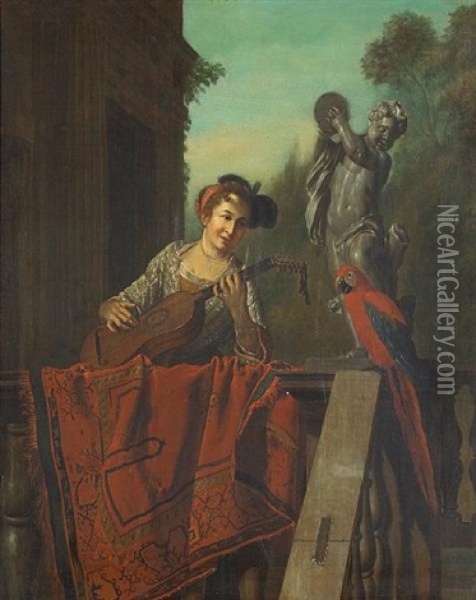 A Turkish Gentleman At A Balustrade (+ Woman Playing A Guitar; Pair) Oil Painting - Jan Josef Horemans the Elder