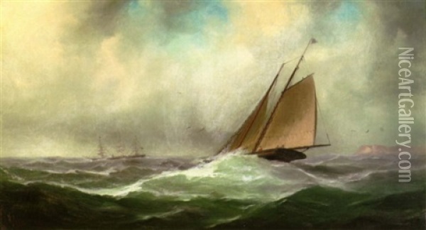 A Sailboat With Larger Vessels In The Distance Oil Painting - Gideon Jacques Denny