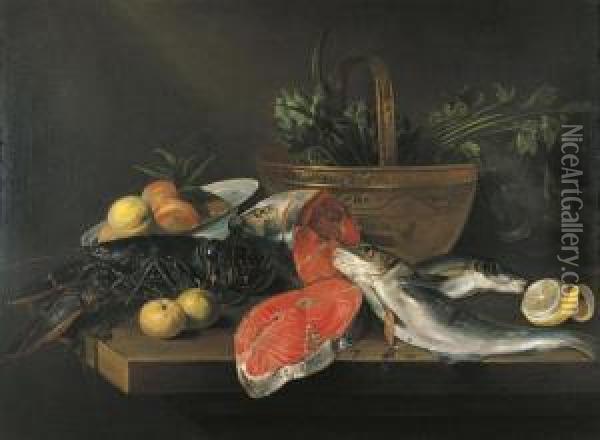 Still Life With Lobster, Salmon,
 Peeled Lemon And Fruits In A Bowland Vegetables In A Copper Basket On A
 Table. Oil Painting - Frans Ykens