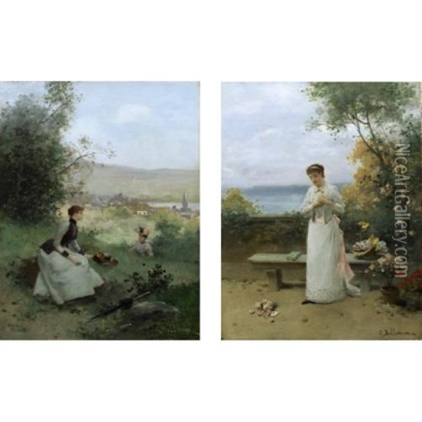 The Love Letter (+ Young Women Sitting In A Field; Pair) Oil Painting - Jules Frederic Ballavoine