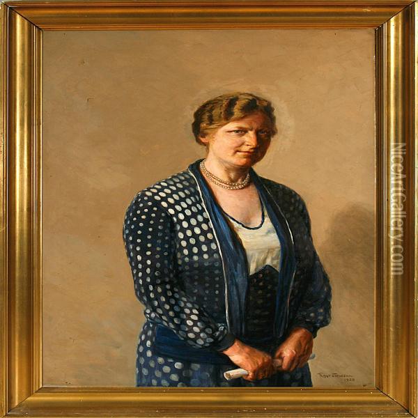 The Artist's Wife In Ablue Suit Oil Painting - Viggo Rasmus Simesen