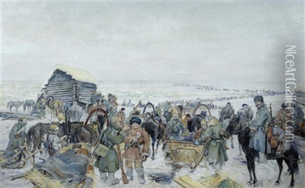 The Great Siberian Ice March Of The White Army Oil Painting - Pavel Ilych Safonov