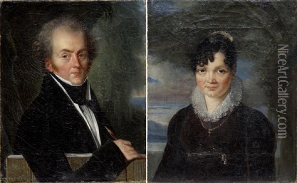 Portraits Eines Eleganten Paares In Landschaft (pair) Oil Painting - Louis Benjamin Marie Devouges