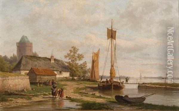 Dutch Quayside Scene With Washerwomen And Estuary Beyond Oil Painting - Hermanus Willem Koekkoek