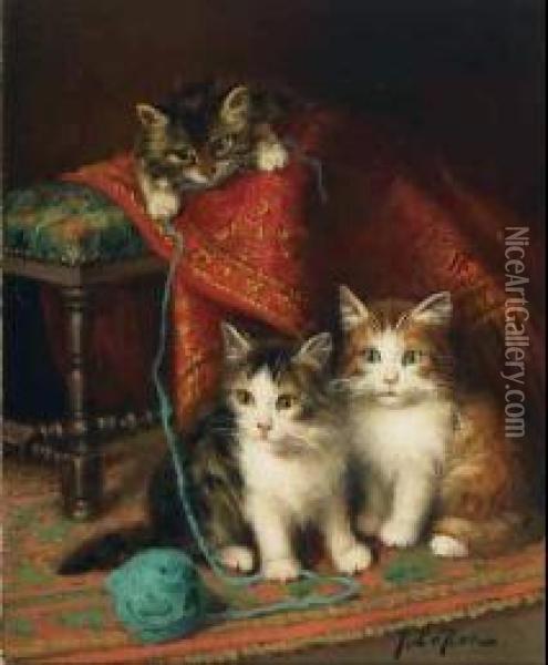 Kittens Playing With A Ball Of Yarn Oil Painting - Jules Le Roy