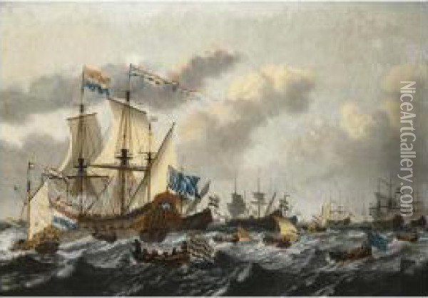 The Dutch Fleet At Sea In A 
Breeze, With A States-yacht Firing A Salute To The Flagship, De Witte 
Olifant Oil Painting - Dirk van Bergen