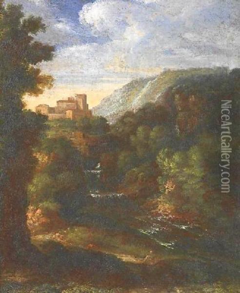 Southern Mountainous Landscape With Waterfalland Castle On A Bank Oil Painting - Jan Frans Van Bloemen (Orizzonte)