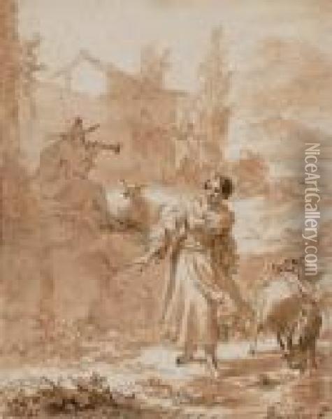 Une Bergere Avec Son Troupeau, Un Homme Jouant De La Flute Sur Un Rocher Oil Painting - Nicolaes Berchem