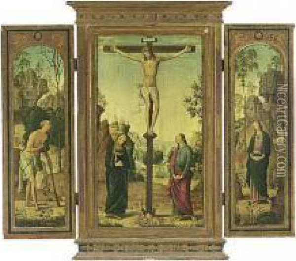 A Reproduction Of A Triptych: 
The Crucifixion With Saint Mary, Saint John, Saint Jerome And Magdalen Oil Painting - Pietro Perugino
