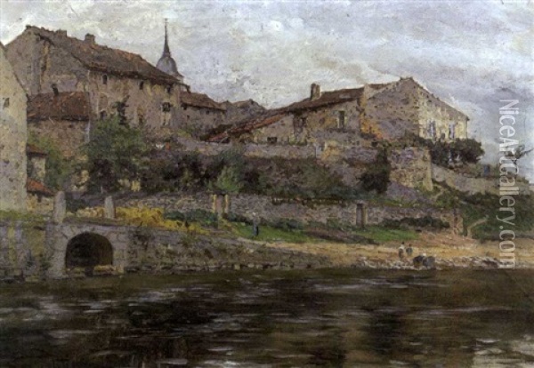 Lavandieres Aux Pieds D'un Village Fortifie Oil Painting - Edmond Marie Petitjean
