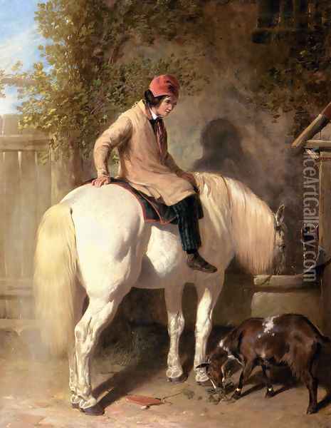 Refreshment, A Boy Watering His Grey Pony Oil Painting - John Frederick Herring Snr
