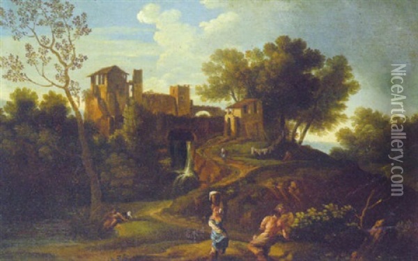 An Italianate Landscape With Figures On A River Bank, A Hilltop Village Beyond Oil Painting - Gaspard Dughet
