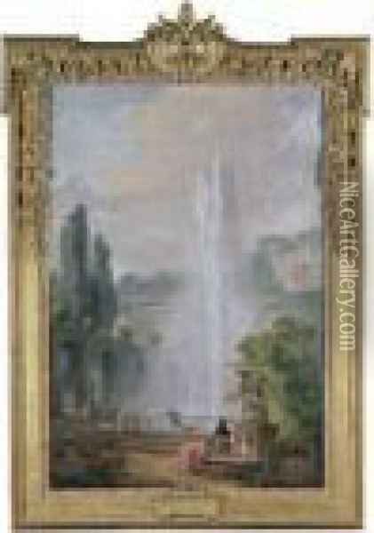 A Garden Landscape With A Villa Overlooking A Large Fountain Oil Painting - Hubert Robert
