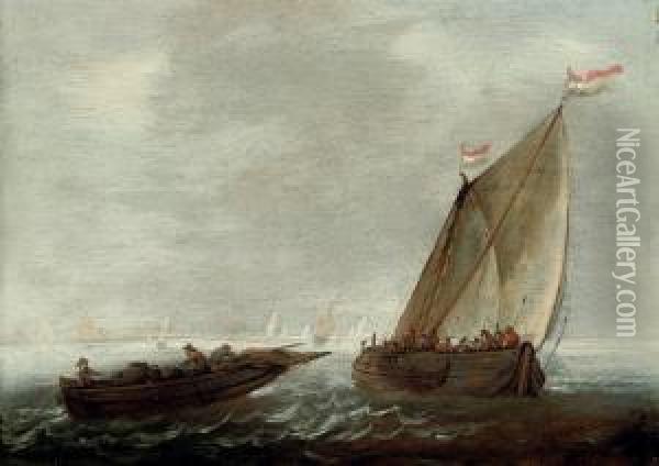 Dutch Vessels In A Swell Oil Painting - Abraham Hendrickz Van Beyeren